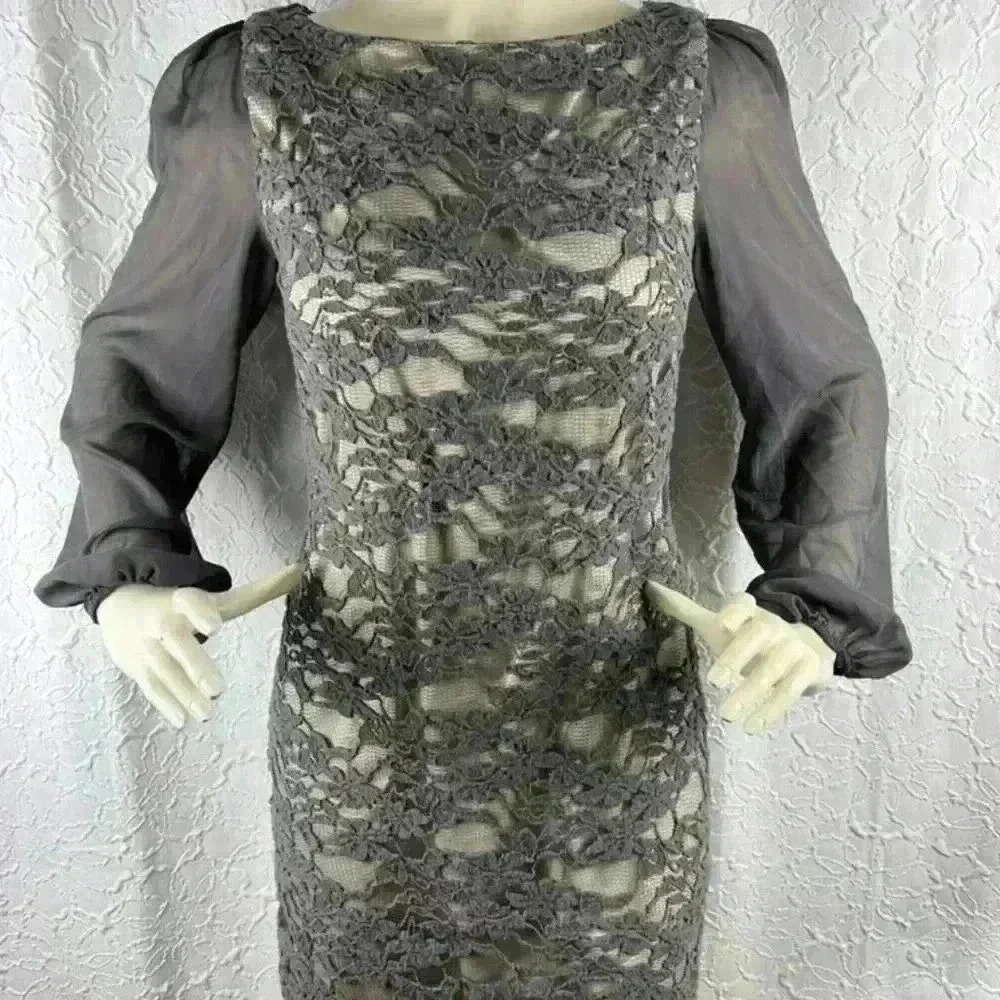 Eliza J Lace Sheath Dress Grey Long Sheer Sleeve 8 - Picture 2 of 12